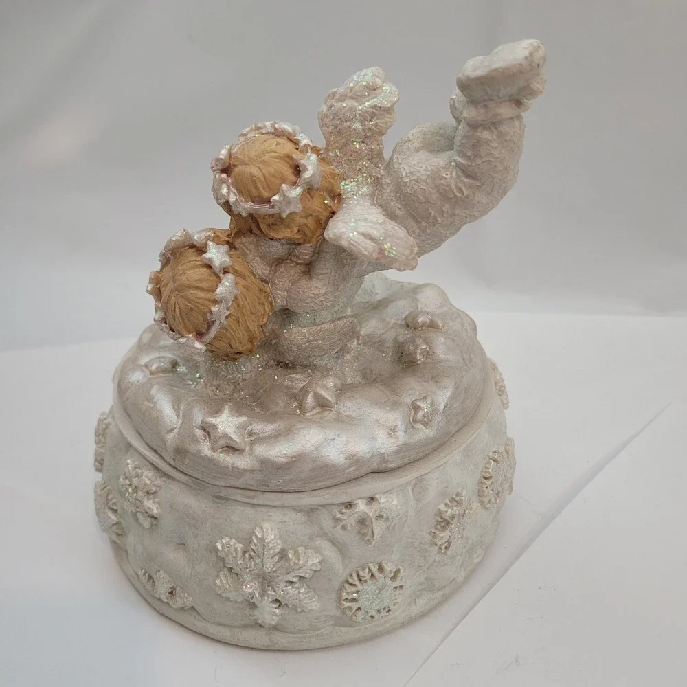 Rare Vintage Winter Angel Cherubs Rotating Music Box Iridescent Snowflake Child